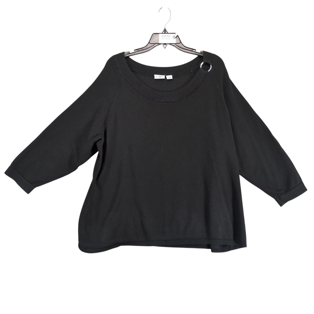 Cato Black Knit Top Women's Plus Size 22/24W 3/4 Sleeve Metal Ring Shoulder Chic